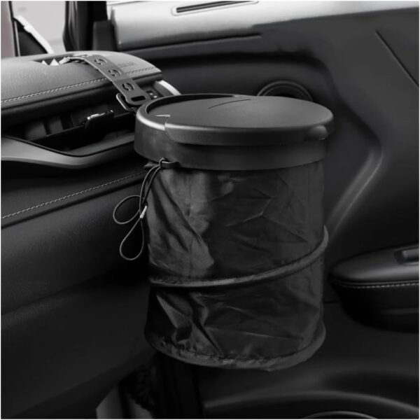 Car Trash Can with Lid – Foldable polyester pop-up bin; portable, high-capacity design (includes adjustable hook); universal car accessory