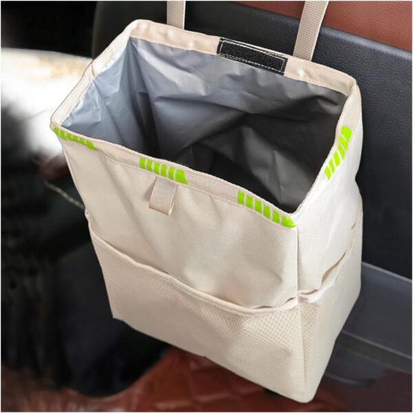 Hanging type with storage pocket Car Trash Can – Waterproof, leak-proof Oxford fabric; multi-functional storage bin (suitable for outdoor travel, trucks, home, and office use) (Beige)