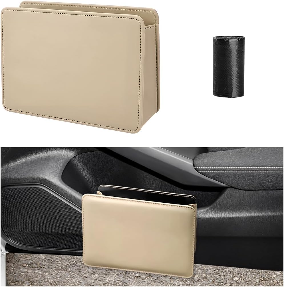Car trash can, leather foldable seat-back hanging bin, multifunctional mini car storage bin (includes a roll of trash bags), universal car accessory (Beige)