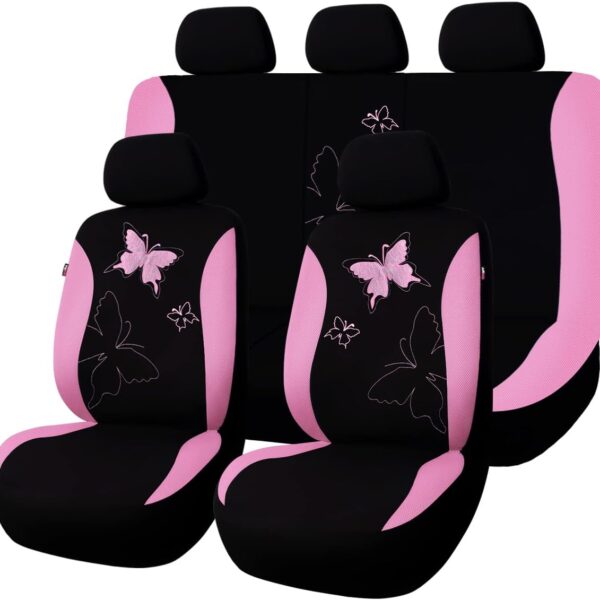 Stylish butterfly pattern complete car seat cover set (pink lace style), universal fit, designed for female drivers, includes split-bench rear seat covers