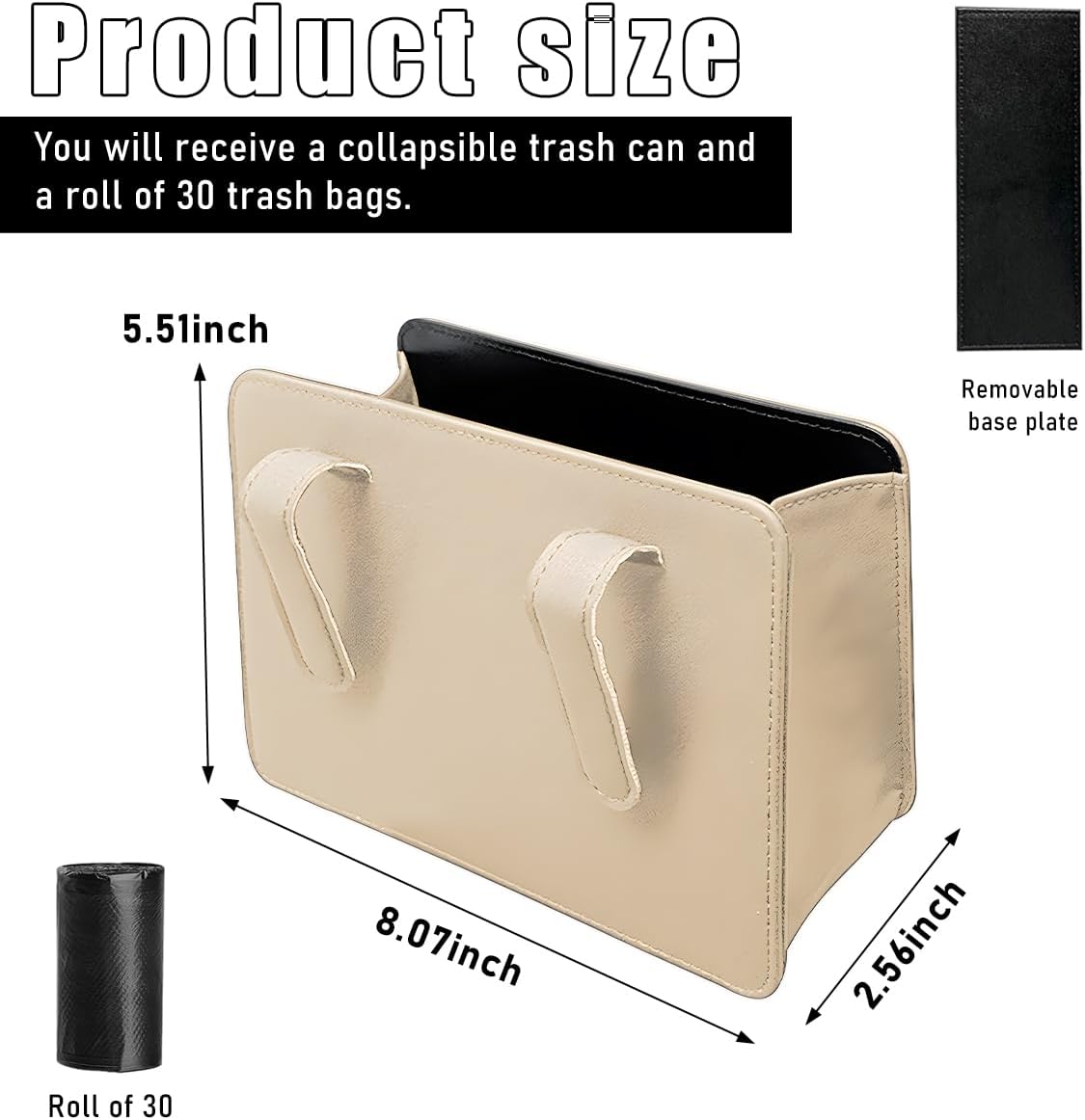 Car trash can, leather foldable seat-back hanging bin, multifunctional mini car storage bin (includes a roll of trash bags), universal car accessory (Beige) - Image 2