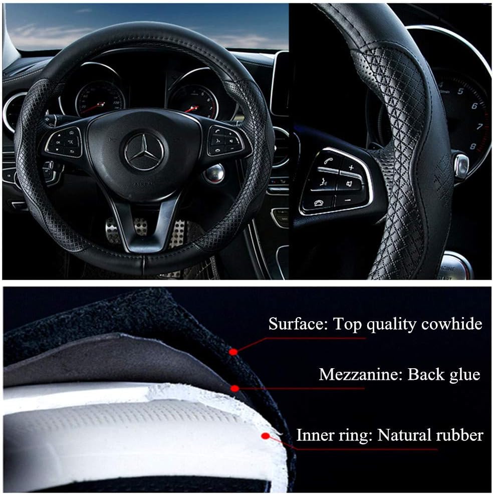 Black genuine leather (cowhide) steering wheel cover, universal 15-inch size, fits sedans/SUVs (Style A - Black) - Image 2