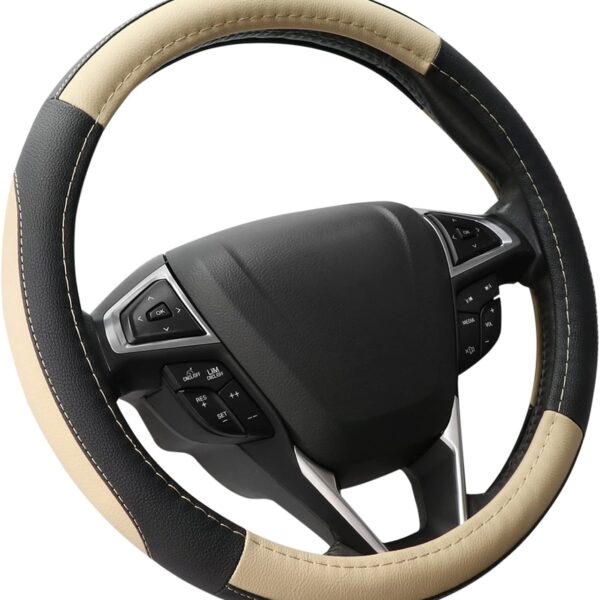 Black and beige microfiber leather steering wheel cover, fits F-150, Tundra, and Land Rover (fits 15.5–16 inch wheels)