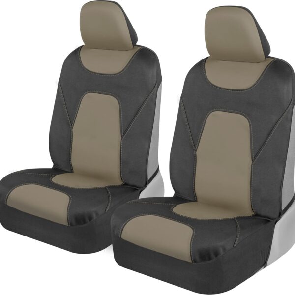 Front seat covers (Beige) – Two-tone waterproof design, neoprene material, fits sedans, trucks, vans, and SUVs