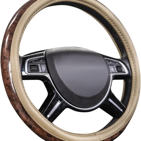 Universal wood-grain style leather steering wheel cover, fits SUVs, trucks, and sedans, non-slip design (beige)