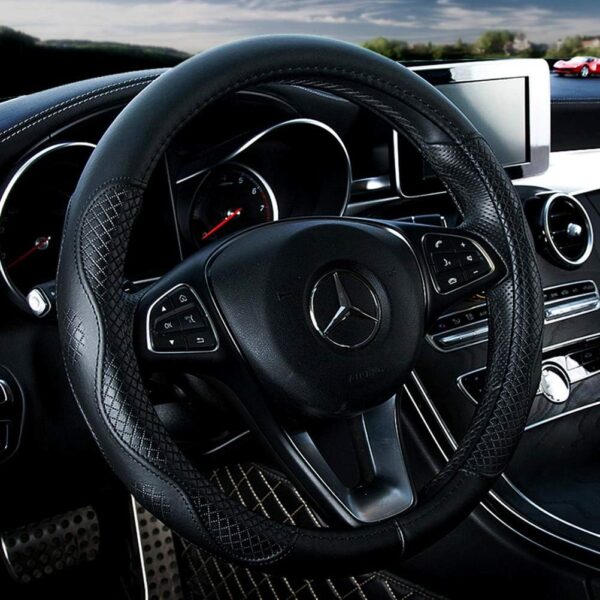 Black genuine leather (cowhide) steering wheel cover, universal 15-inch size, fits sedans/SUVs (Style A - Black)