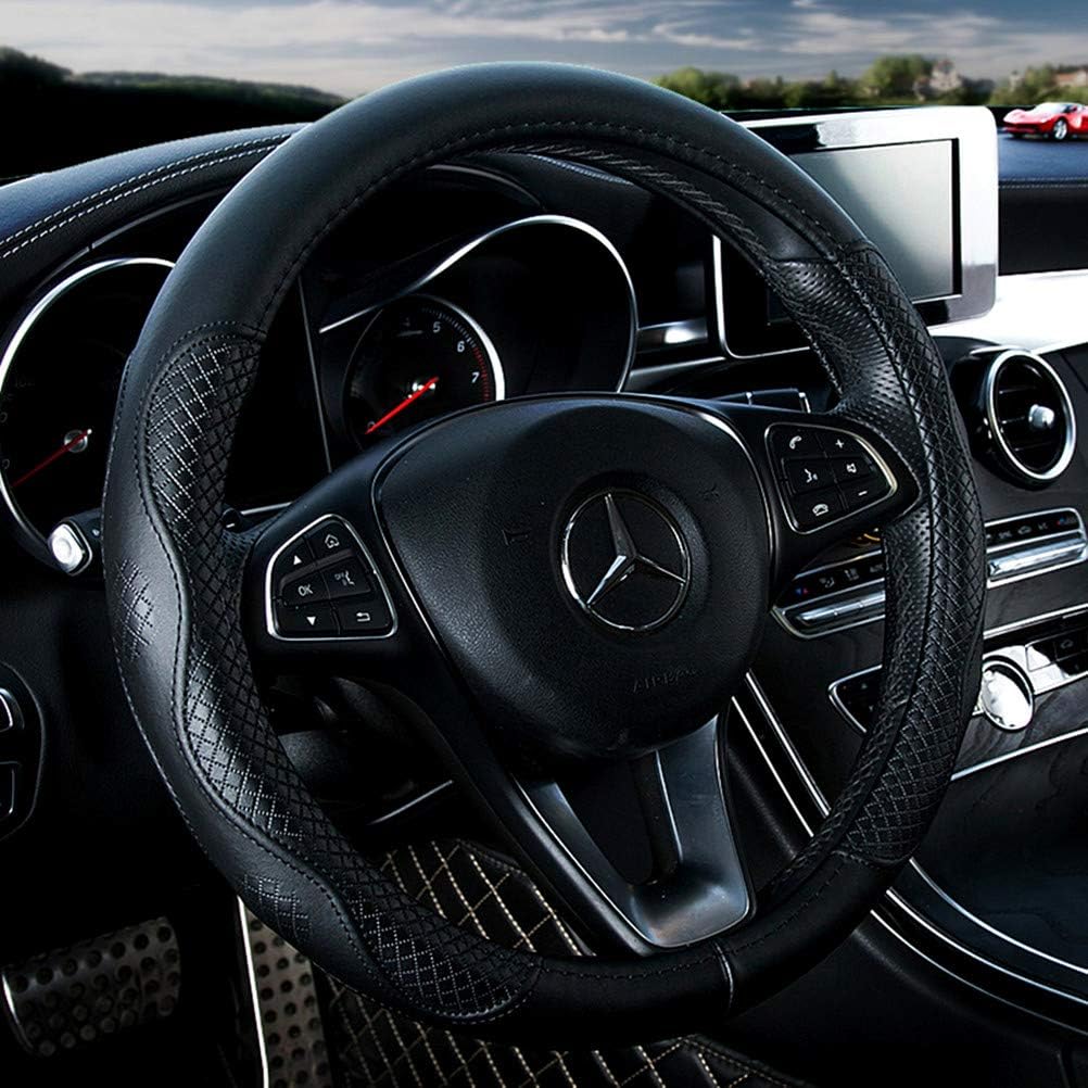 Black genuine leather (cowhide) steering wheel cover, universal 15-inch size, fits sedans/SUVs (Style A - Black)