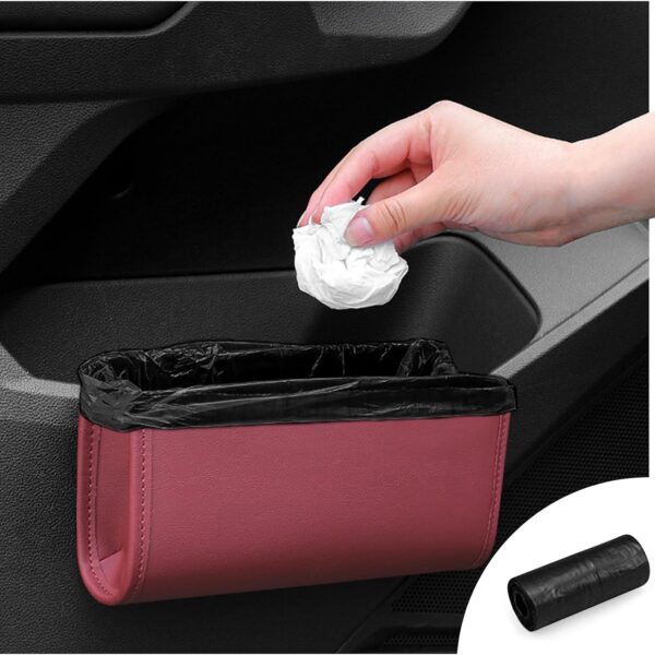 Car trash can, universal leather storage bin (includes a roll of trash bags), foldable hanging mini car storage essential (Burgundy)