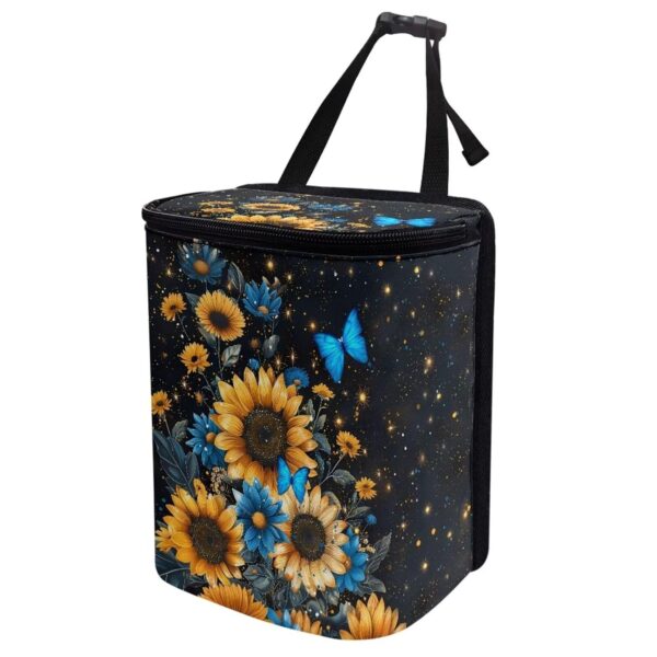 Blue Butterfly & Sunflower Print Car Trash Can – Foldable design; leak-proof hanging car trash bin