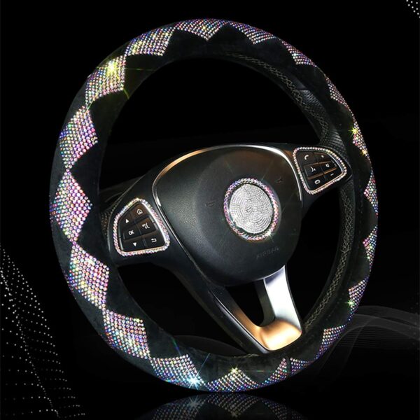 Sparkly rhinestone steering wheel cover (women's style), 14.5–15 inch colorful crystal suede non-slip cover, cute style (black)