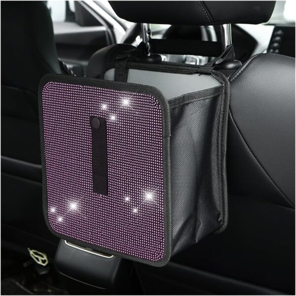 Foldable Car Trash Can: Rhinestone/crystal-style hanging, waterproof, and leak-proof bin; multi-functional storage accessory for trucks/RVs (Pink)