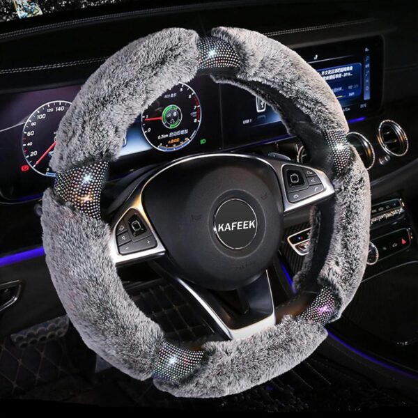 Winter warm plush steering wheel cover, microfiber material with sparkling rhinestones, universal 15-inch size (gray)