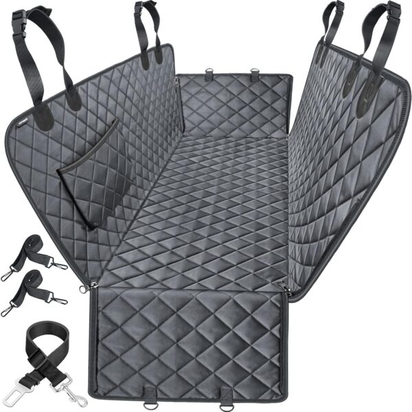 Pet car seat cover (hammock style), 100% waterproof, heavy-duty 600D fabric, scratch-resistant and non-slip, soft and comfortable, fits rear seats of sedans, trucks, and SUVs