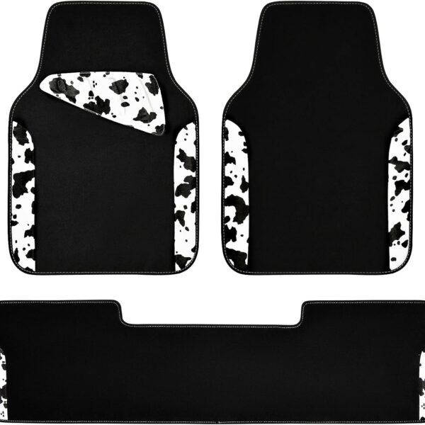 Waterproof Universal 3Pcs Car Floor Mats, Cow Print Car Mats Fit for SUV,Vans,sedans, Trucks,Set of Vehicles Car Carpet with Driver Heel Pad and Nibs Backing, Cute Women Girly (Black White)