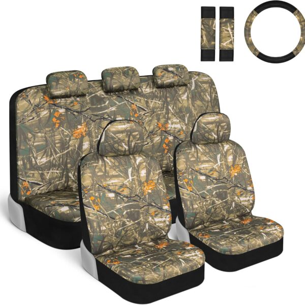 Complete car seat cover set (includes steering wheel cover and seatbelt pads) – Realistic forest camo pattern, fits front seats and rear bench seats of sedans, trucks, and SUVs