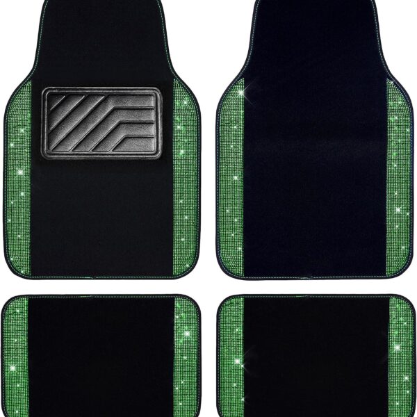 Shining Rhinestones Carpet,  Crystal Diamond Sparkly Glitter Car Floor Mats with Anti-Slip PVC Heel Pad Automotive Universal for SUV,Sedan,Car,Van,4pcs for Girl Women Green Diamond