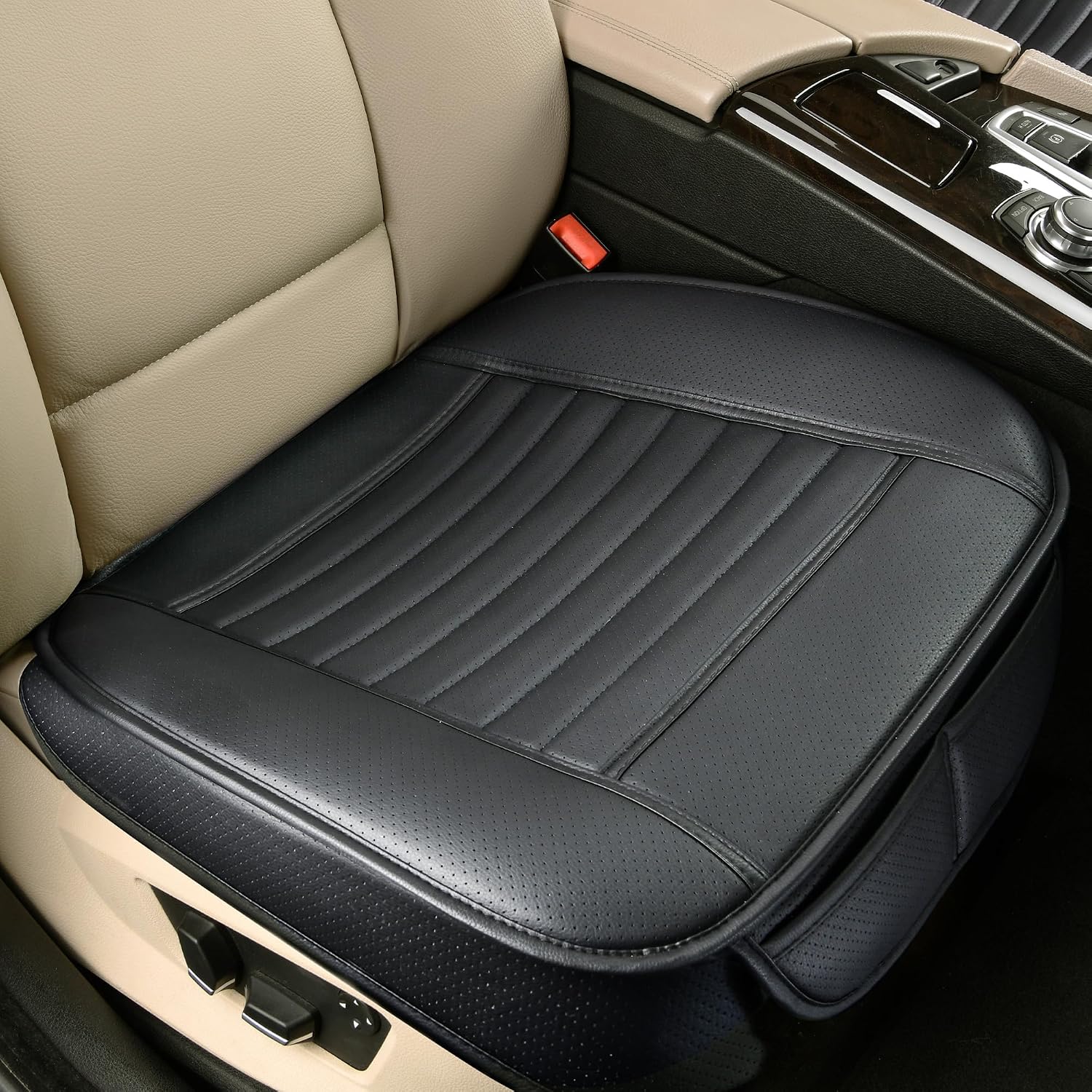 1pc Edge Wrapping Comfortable Car Front Seat Cover Cushion Pad Mat Protector, Anti-Slip Bottom Seat Cushion Cover for Auto with PU Leather(Black)